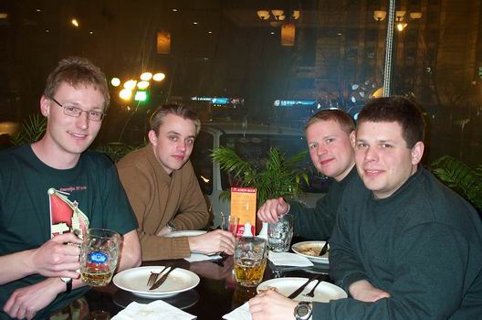 Us, eating and drinking Chinese Yangjing Beer - good be buy the way. From right to left: Me, Klaus, Jens ge and Thomas. All in electrical engineering, except Klaus who thinks chemistry is more interesting. We have tried to explain him, but...
