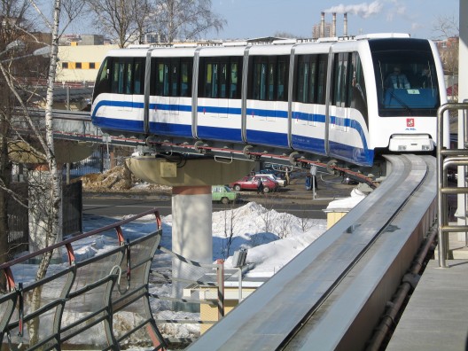 The monorail train approaching the station on Sergey Eyzenshteyn's street.