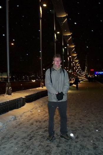 Me on the Zubovsky Bulvar bridge over the Moscow River near Gorky Park. The bridge is wounderful illuminated in various colours and even more beautiful when it is snowing like on the picture.