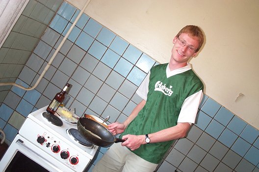 Me making pancakes in a dormitory in Moscow.